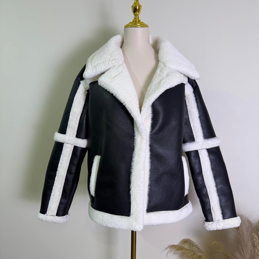 Edikted Size S Rocki Oversized Black Faux Leather Shearling Jacket